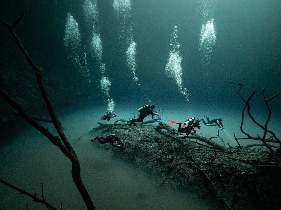 Divers in cenote, image by Christoph Mayerhofer taken with Olympus camera inside an Ikelite underwater housing with Ikelite DS230 strobes.